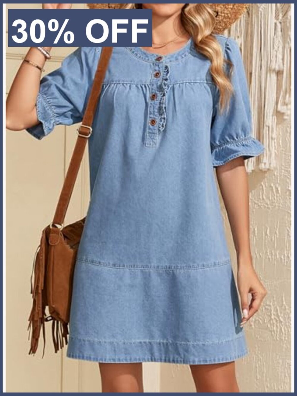 Denim Babydoll Dress with Short Sleeves and Button Front - Picture 3 of 7